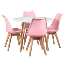 Mesa jantar cozinha redonda branco 100 cm + 4 cadeiras estofadas Leda Rosa claro