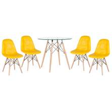 Mesa jantar cozinha redonda com tampo de vidro Eames 80 cm + 4 cadeiras Eiffel Botonê Amarelo