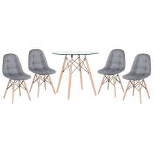 Mesa jantar cozinha redonda com tampo de vidro Eames 80 cm + 4 cadeiras Eiffel Botonê Cinza Escuro
