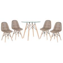 Mesa jantar cozinha redonda com tampo de vidro Eames 80 cm + 4 cadeiras Eiffel Botonê Nude