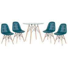 Mesa jantar cozinha redonda com tampo de vidro Eames 80 cm + 4 cadeiras Eiffel Botonê Turquesa