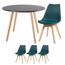 Mesa jantar cozinha redonda preto 100 cm + 3 cadeiras estofadas Leda Verde escuro