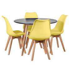 Mesa jantar cozinha redonda preto 100 cm + 4 cadeiras estofadas Leda Amarelo