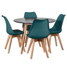 Mesa jantar cozinha redonda preto 100 cm + 4 cadeiras estofadas Leda Verde escuro
