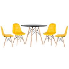 Mesa redonda Eames 100 cm + 4 cadeiras estofadas Eiffel Botonê Mesa preto com cadeiras amarelo