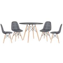 Mesa redonda Eames 100 cm + 4 cadeiras estofadas Eiffel Botonê Mesa preto com cadeiras cinza escuro