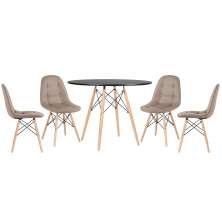 Mesa redonda Eames 100 cm + 4 cadeiras estofadas Eiffel Botonê Mesa preto com cadeiras nude