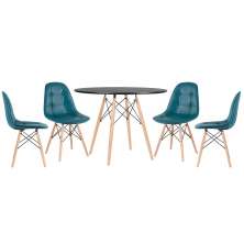 Mesa redonda Eames 100 cm + 4 cadeiras estofadas Eiffel Botonê Mesa preto com cadeiras turquesa