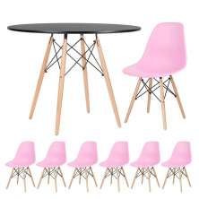 Mesa redonda Eames 100 cm + 6 cadeiras Eiffel DSW Mesa preto com cadeiras rosa claro