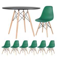Mesa redonda Eames 100 cm + 6 cadeiras Eiffel DSW Mesa preto com cadeiras verde escuro