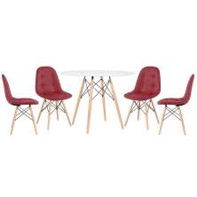 Mesa redonda Eames 100 cm branco + 4 cadeiras estofadas Eiffel Botonê Vinho