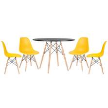 Mesa redonda Eames 100 cm preto + 4 cadeiras Eiffel DSW Amarelo