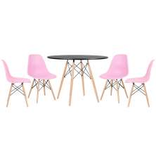 Mesa redonda Eames 100 cm preto + 4 cadeiras Eiffel DSW Rosa claro