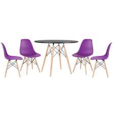 Mesa redonda Eames 100 cm preto + 4 cadeiras Eiffel DSW Roxo
