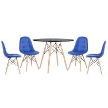 Mesa redonda Eames 100 cm preto + 4 cadeiras estofadas Eiffel Botonê Azul