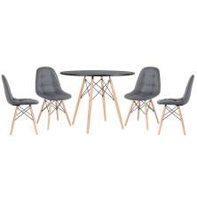 Mesa redonda Eames 100 cm preto + 4 cadeiras estofadas Eiffel Botonê Cinza escuro