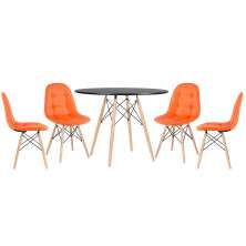 Mesa redonda Eames 100 cm preto + 4 cadeiras estofadas Eiffel Botonê Laranja