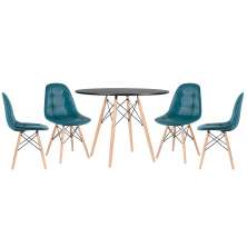 Mesa redonda Eames 100 cm preto + 4 cadeiras estofadas Eiffel Botonê Turquesa