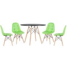 Mesa redonda Eames 100 cm preto + 4 cadeiras estofadas Eiffel Botonê Verde claro