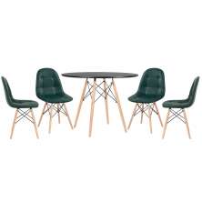 Mesa redonda Eames 100 cm preto + 4 cadeiras estofadas Eiffel Botonê Verde escuro