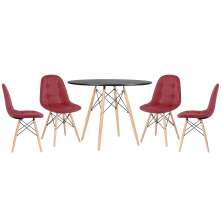 Mesa redonda Eames 100 cm preto + 4 cadeiras estofadas Eiffel Botonê Vinho