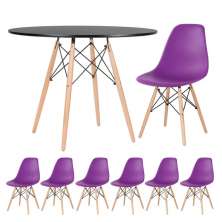 Mesa redonda Eames 100 cm preto + 6 cadeiras Eiffel DSW Roxo