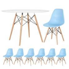 Mesa redonda Eames 120 cm branco + 6 cadeiras Eiffel DSW Azul claro