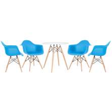 Mesa redonda Eames 70 cm + 4 cadeiras Eiffel DAW Mesa branco com cadeiras azul céu