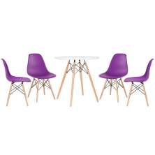 Mesa redonda Eames 70 cm + 4 cadeiras Eiffel DSW Mesa branco com cadeiras roxo