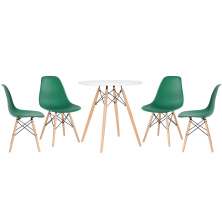 Mesa redonda Eames 70 cm + 4 cadeiras Eiffel DSW Mesa branco com cadeiras verde escuro