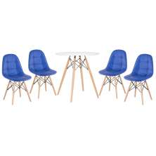 Mesa redonda Eames 70 cm + 4 cadeiras estofadas Eiffel Botonê Mesa branco com cadeiras azul