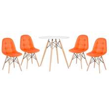 Mesa redonda Eames 70 cm + 4 cadeiras estofadas Eiffel Botonê Mesa branco com cadeiras laranja