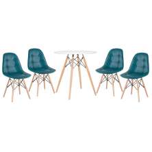 Mesa redonda Eames 70 cm + 4 cadeiras estofadas Eiffel Botonê Mesa branco com cadeiras turquesa