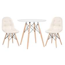 Mesa redonda Eames 80 cm branco + 2 cadeiras estofadas Eiffel Botonê Creme