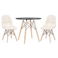 Mesa redonda Eames 80 cm preto + 2 cadeiras estofadas Eiffel Botonê Creme