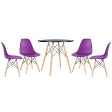 Mesa redonda Eames 80 cm preto + 4 cadeiras Eiffel DSW Roxo
