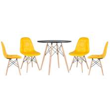 Mesa redonda Eames 80 cm preto + 4 cadeiras estofadas Eiffel Botonê Amarelo