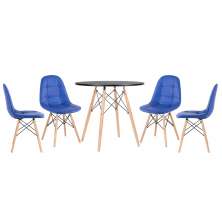 Mesa redonda Eames 80 cm preto + 4 cadeiras estofadas Eiffel Botonê Azul