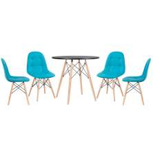 Mesa redonda Eames 80 cm preto + 4 cadeiras estofadas Eiffel Botonê Azul Tiffany