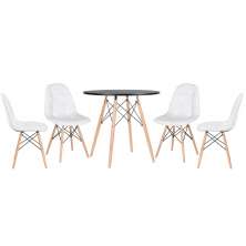 Mesa redonda Eames 80 cm preto + 4 cadeiras estofadas Eiffel Botonê Branco