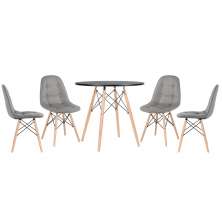 Mesa redonda Eames 80 cm preto + 4 cadeiras estofadas Eiffel Botonê Cinza escuro