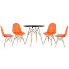 Mesa redonda Eames 80 cm preto + 4 cadeiras estofadas Eiffel Botonê Laranja