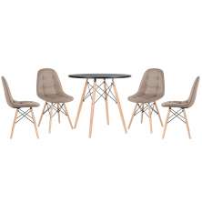 Mesa redonda Eames 80 cm preto + 4 cadeiras estofadas Eiffel Botonê Nude