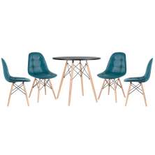 Mesa redonda Eames 80 cm preto + 4 cadeiras estofadas Eiffel Botonê Turquesa