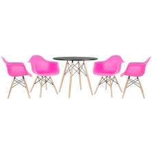 Mesa redonda Eames 90 cm + 4 cadeiras Eiffel DAW Mesa preto com cadeiras rosa pink