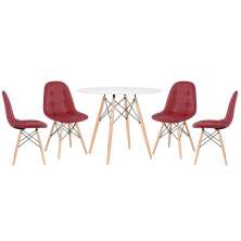 Mesa redonda Eames 90 cm branco + 4 cadeiras estofadas Eiffel Botonê Vinho
