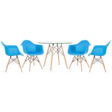 Mesa redonda Eames com tampo de vidro 100 cm + 4 cadeiras Eiffel DAW Azul céu