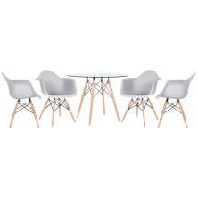 Mesa redonda Eames com tampo de vidro 100 cm + 4 cadeiras Eiffel DAW Cinza Claro