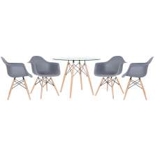 Mesa redonda Eames com tampo de vidro 100 cm + 4 cadeiras Eiffel DAW Cinza Escuro