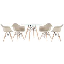 Mesa redonda Eames com tampo de vidro 100 cm + 4 cadeiras Eiffel DAW Nude